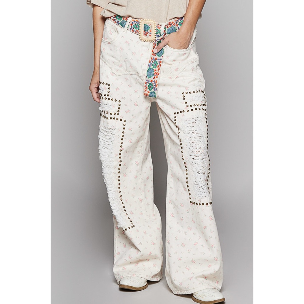 POL Cream Floral Studded Distressed Straight Leg Denim Jeans - Picture 7 of 7